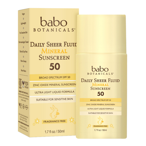 Babo Botanicals Daily Sheer Fluid SPF 50 Mineral Sunscreen, 50ml/1.69 fl oz Babo Botanicals Daily Sheer Fluid SPF50 Tinted Mineral Sunscreen on white background