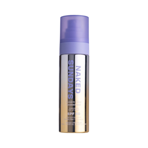 Naked Sundays Golden Glow Glitter Sunscreen Spray SPF50, 75ml/2.54 fl oz Naked Sundays Golden Glow Glitter Sunscreen Spray SPF50 on white background